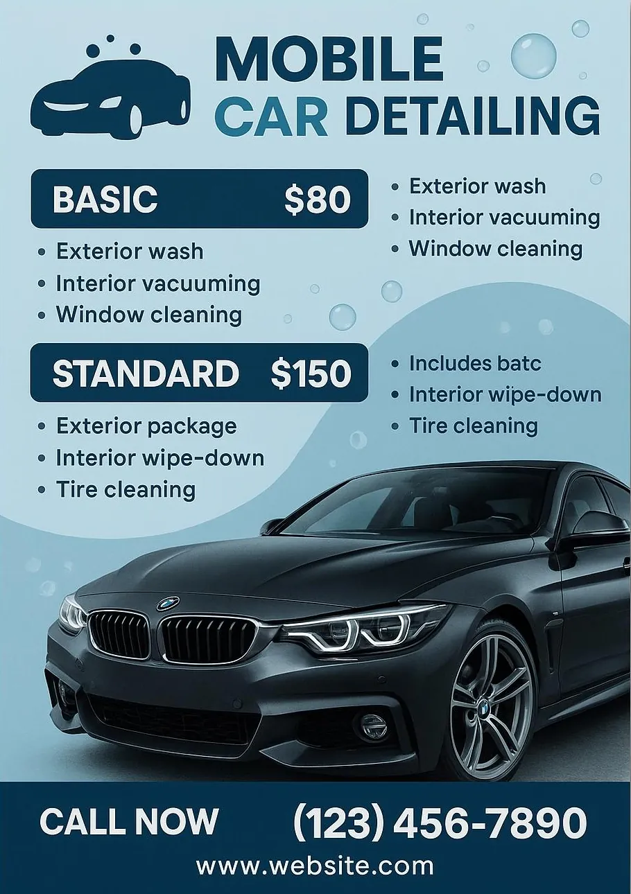 Car detailing business marketing flyer with service packages and pricing